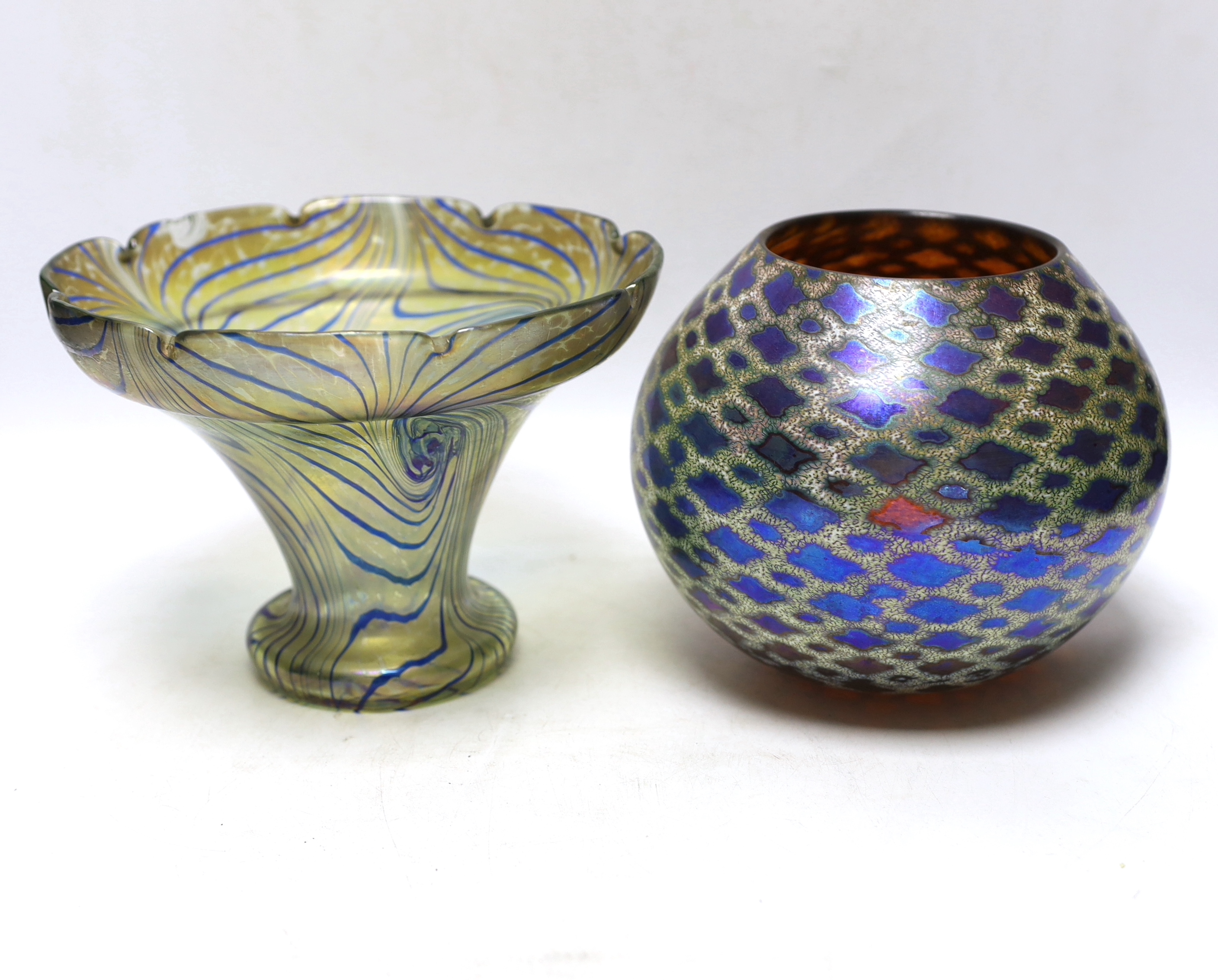 A Kosta Boda iridescent glass vase and a Loetz style trumpet vase, trumpet vase 15cm high